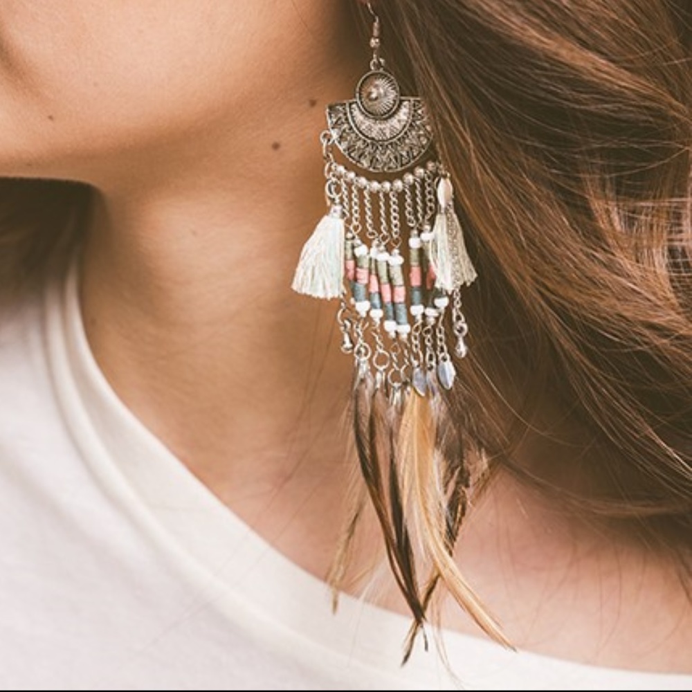 LAST ONE!! Feather Tassel Festival Earrings - Picture 2 of 3